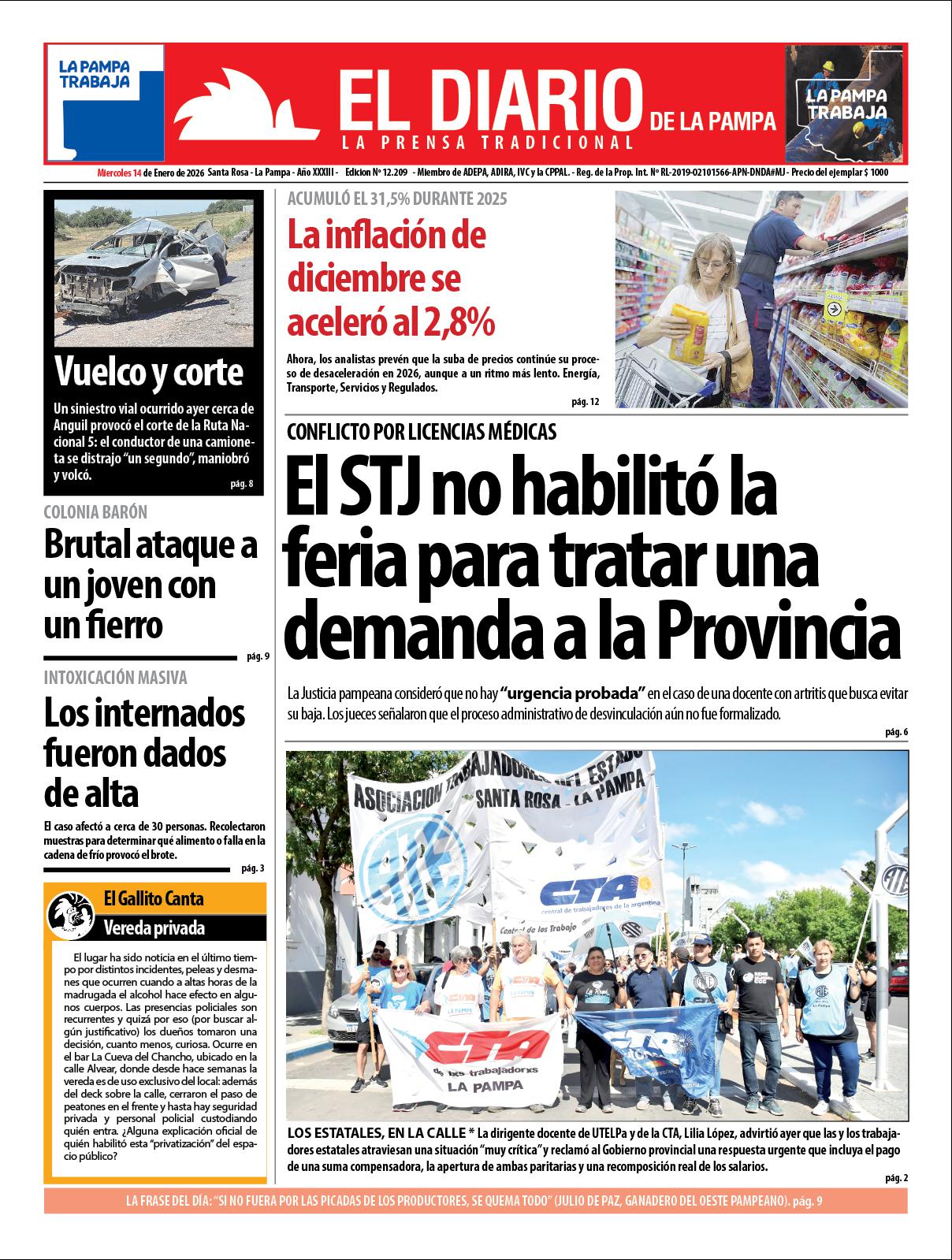Tapa de El Diario en papel  mieacutercoles 14 de enero de 2026
